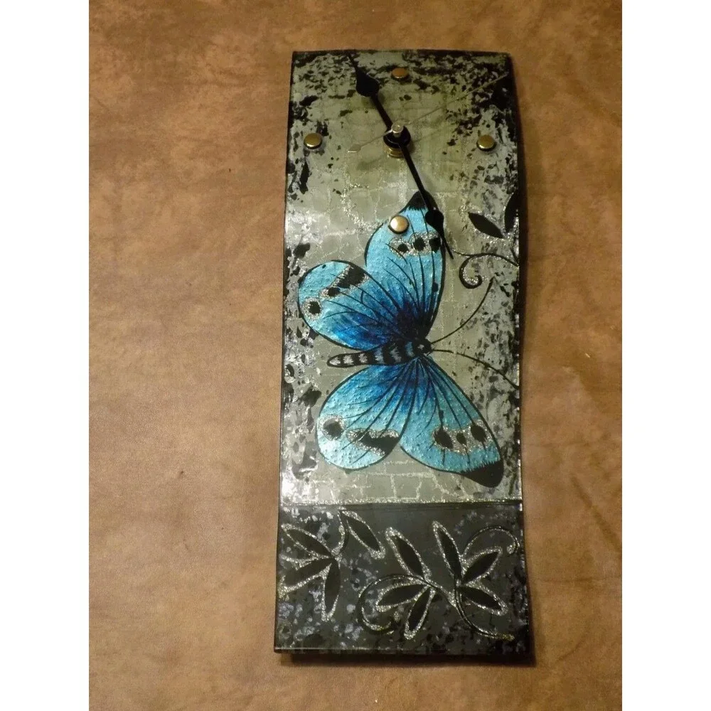 Butterfly Print Glass Wall Clock Decor